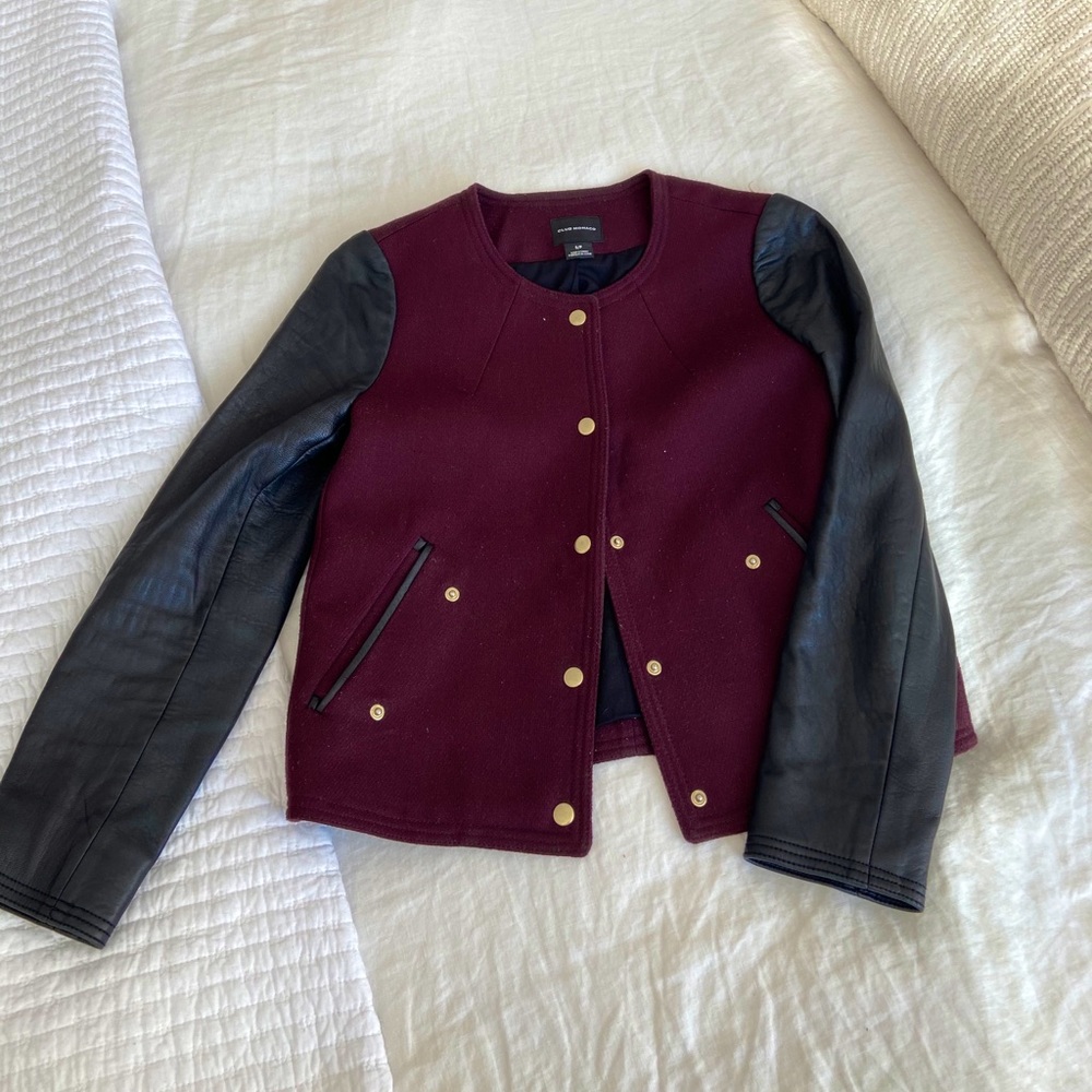 Club Monaco Burgundy Wool Body Black Leather Sleeve Jacket